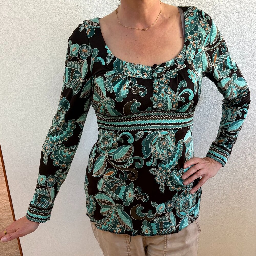 Trina Turk 100% Silk Blouse M Teal Brown Abstract Print Made USA
